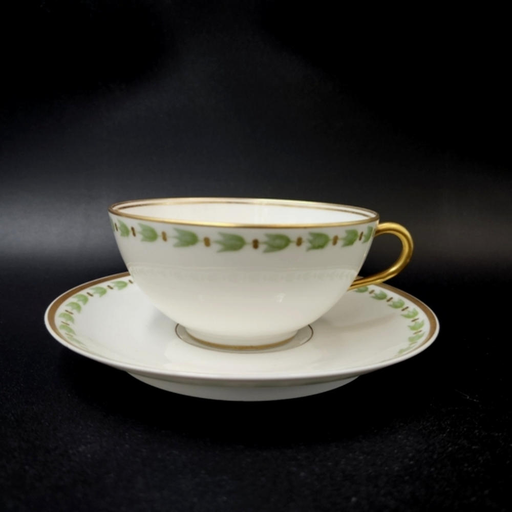 Limoges "Old Abbey" Green And Gold T White Porcelaine Teacup and Saucer Set